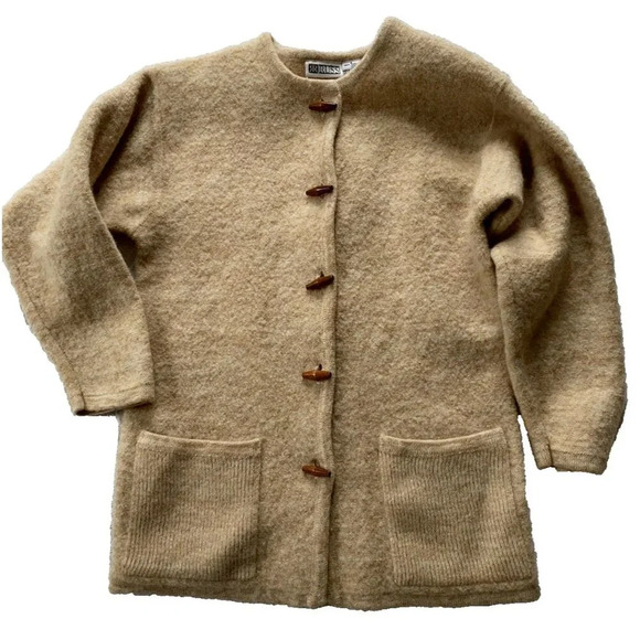 Vintage Russ Women's Wool Sweater Sz S Neutral Wood Buttons Cardigan Minimalist - Picture 1 of 15